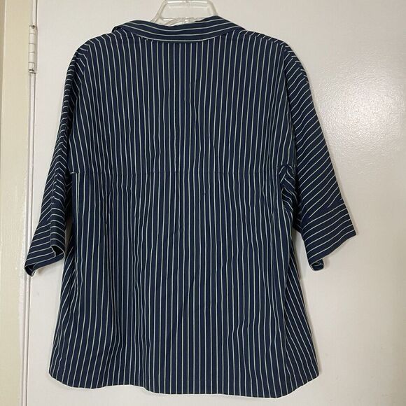 LAFAYETTE 148 New York navy green stripe short sleeve blouse top size medium - Picture 3 of 3